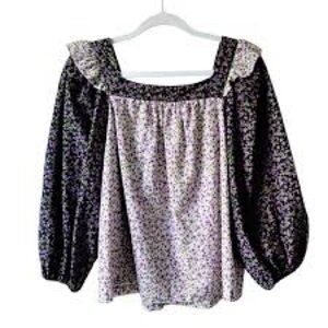 Carolina Belle Purple Floral Long Puff Sleeve Peasant Top Size Small